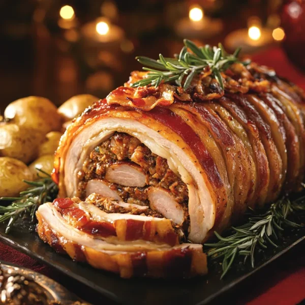 Bird Roast – Turkey, Duck, Chicken, Pheasant, Bacon Topped With Sausage Meat & Bacon Lardon Filled Rolled Free Range 3.5kg