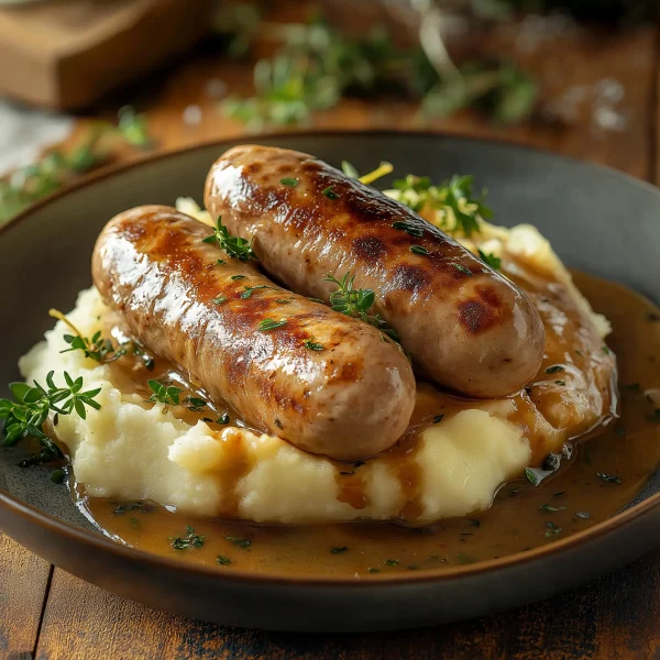 Premium pork sausages served with mashed potatoes and gravy, UK-based artisanal sausages