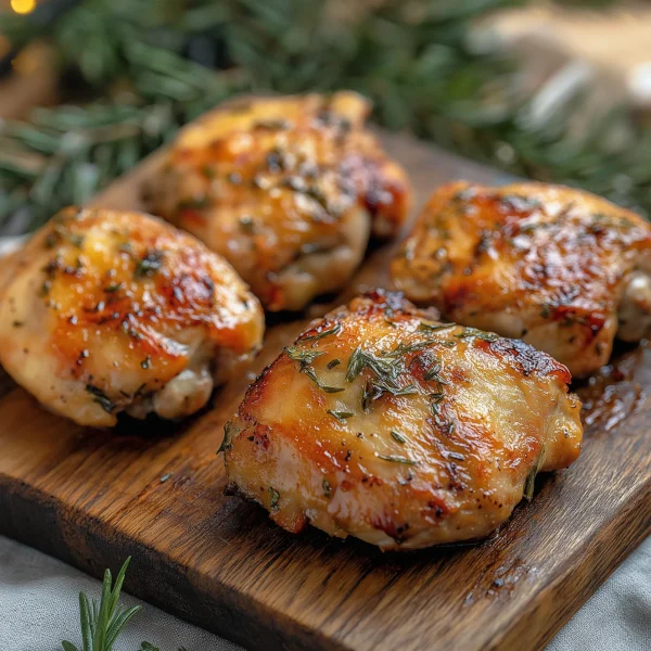 Boneless and skinless chicken thigh fillets, roasted and tender, ideal for festive Christmas dinners.