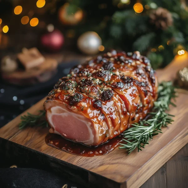 Unsmoked boneless rolled gammon, roasted and glazed, ideal for a festive Christmas dinner centerpiece.