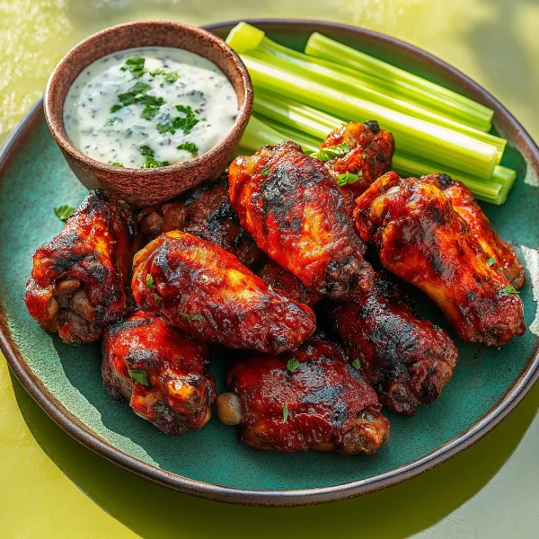 hot and spicy chicken wings, grilled to a crispy golden-brown with a fiery red glaze, served with a side of cooling ranch dip and celery sticks