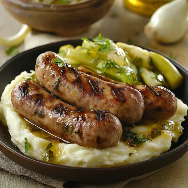 Pork and leek sausages with mashed potatoes, classic UK sausage dish