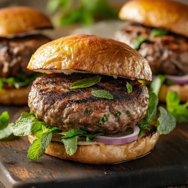 pork, lamb, and mint burger patty, grilled and served in a rustic bun, topped with fresh mint leaves, lettuce, and a dollop of yogurt sauce