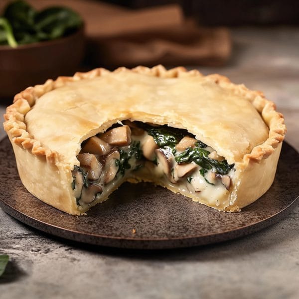 shortcrust, golden-brown pie with a rich, creamy filling of mushrooms and spinach. The pie is served on a white plate, with roasted vegetables in the background, highlighting a delicious plant-based option.