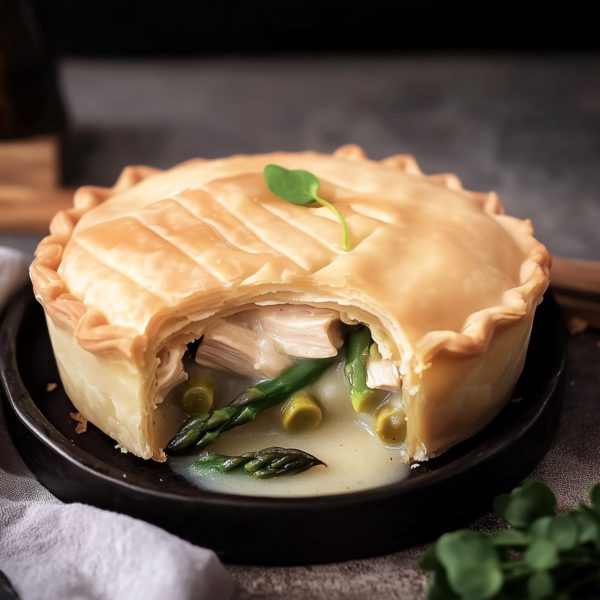 freshly baked chicken and asparagus pie with golden