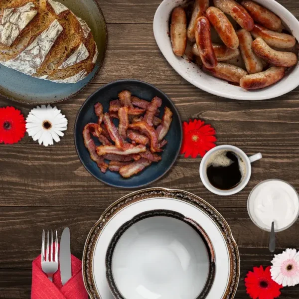 A wholesome breakfast scene showcasing grilled pork sausages