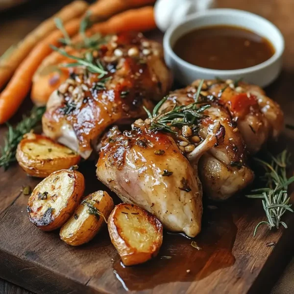 A beautifully presented dish of cooked rabbit jointed into six pieces