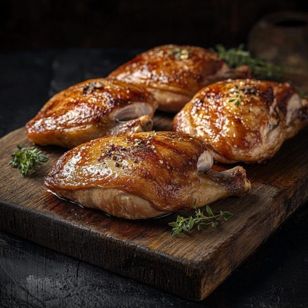 Guinea fowl jointed with two breasts and two legs roasted to golden perfection