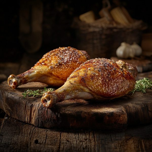 Two succulent roasted guinea fowl legs seasoned and served with thyme on a rustic wooden board.
