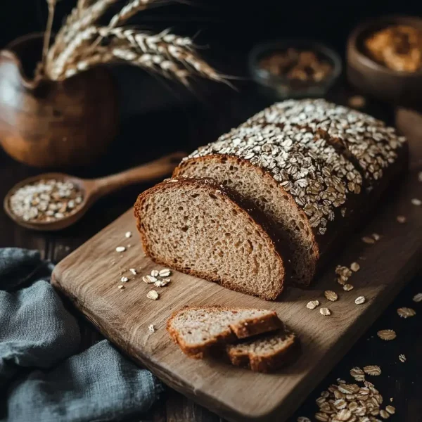 Freshly baked wholemeal bread loaf topped with oats